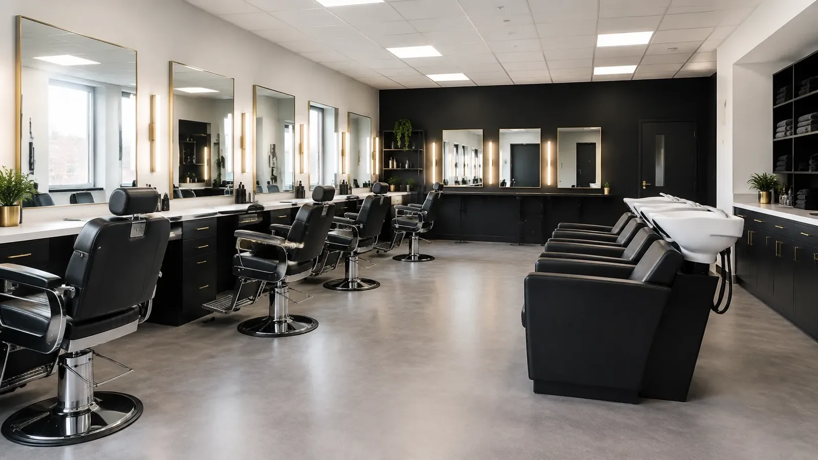 Newly renovated training facility with barber chairs and backwash basins